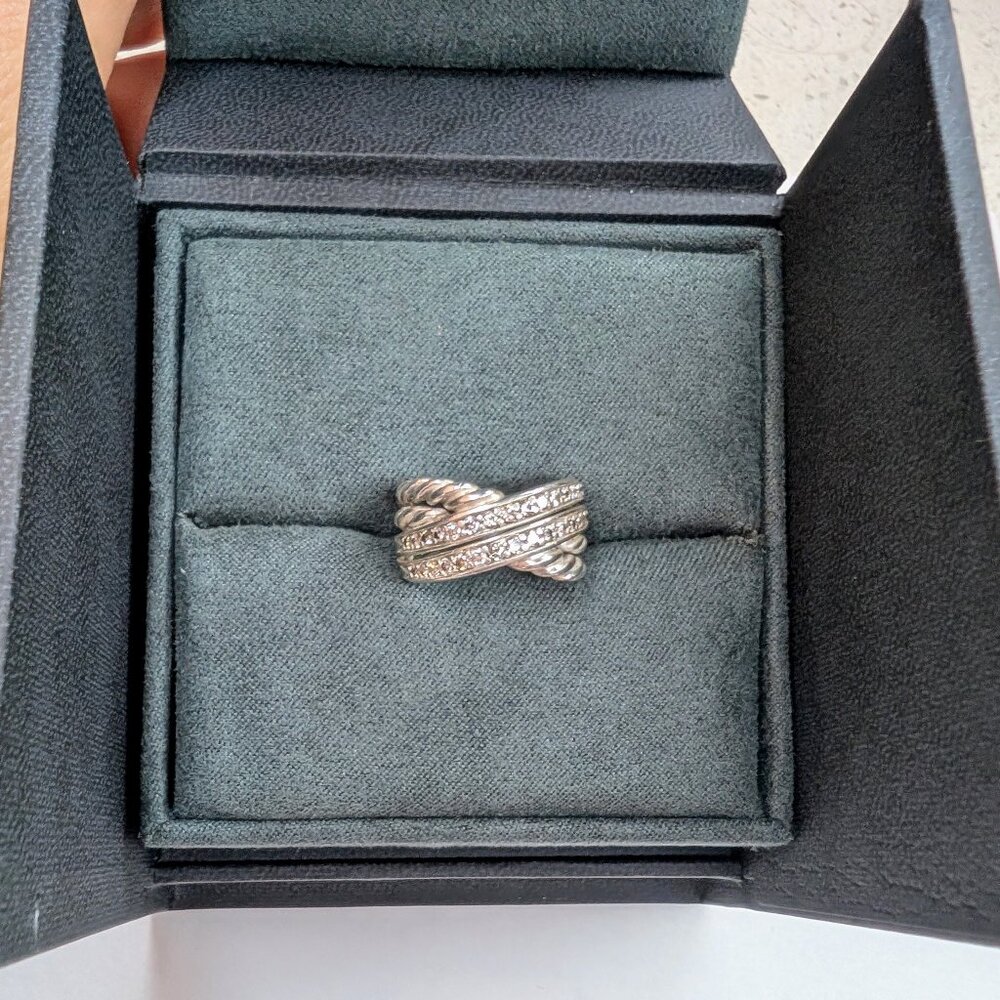David Yurman 925 Silver Diamond Double Row Crossover Ring Size 5.5-6 - Picture 3 of 8